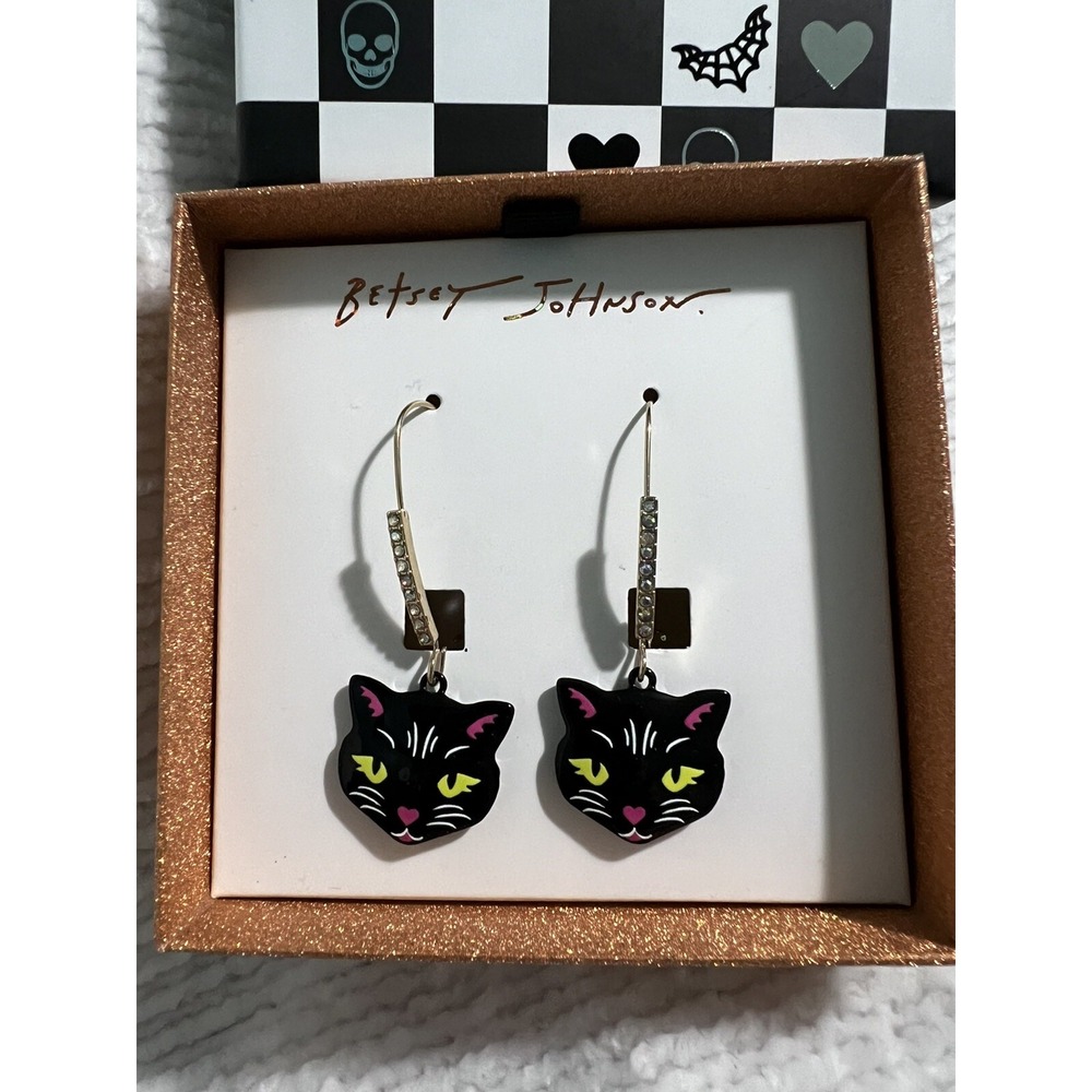Betsey Johnson Gold Tone Black Cat Drop Earrings Crystal Accents NWT